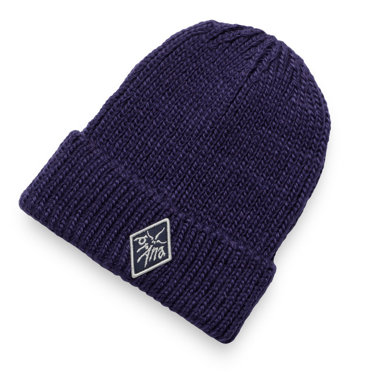 Navy blue knit beanie with a logo on a white background