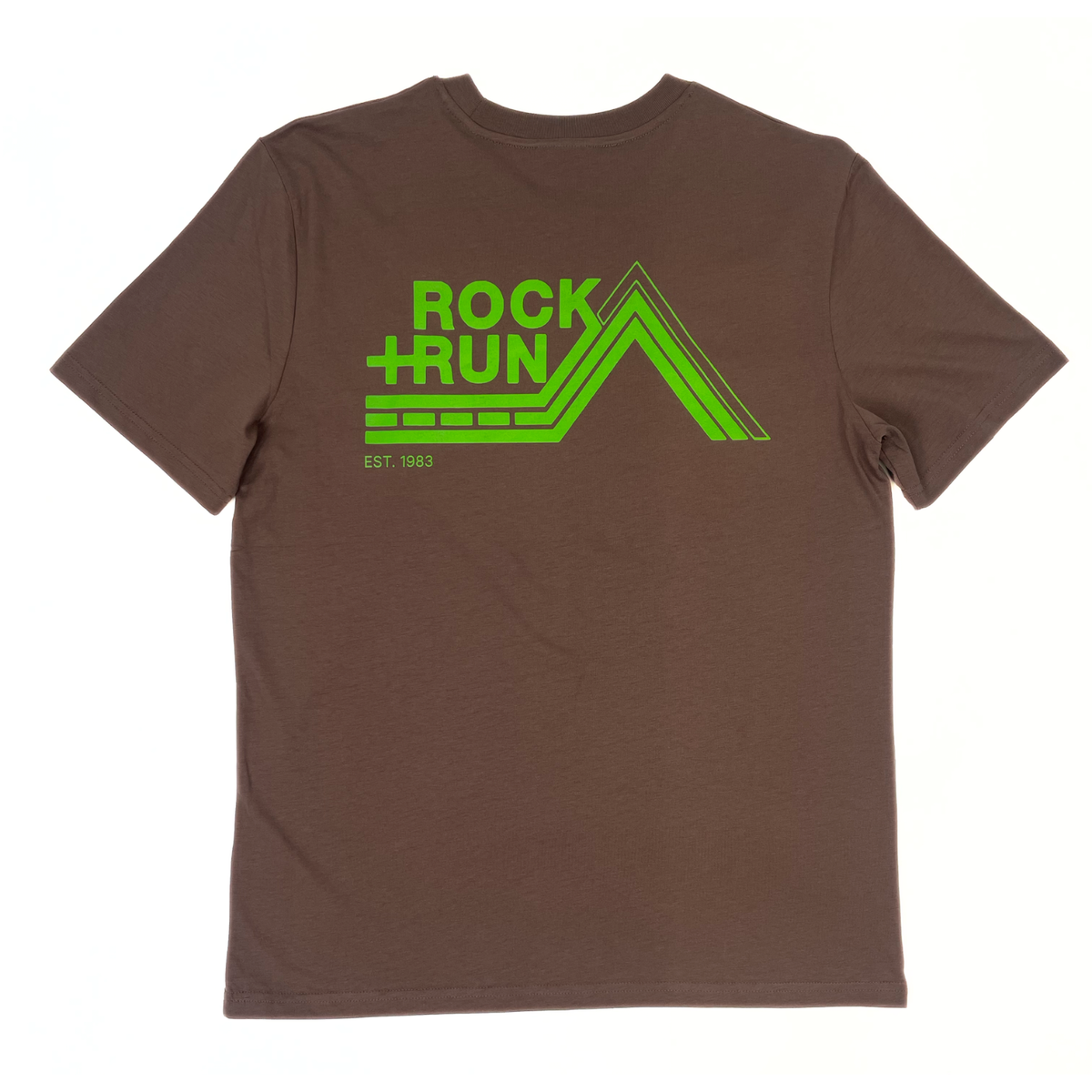 Brown t-shirt with green 'Rock Run' graphic on a white background