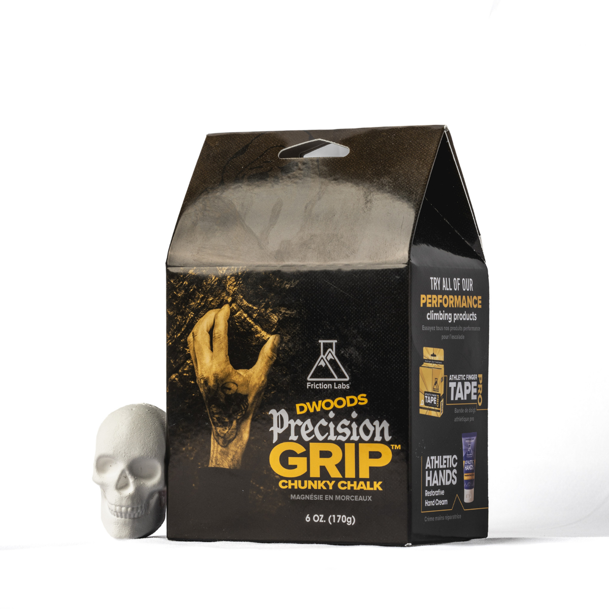 DWoods Precision Grip Chunky Chalk in a black and gold bag, shown next to a small white skull prop on a clean white background.