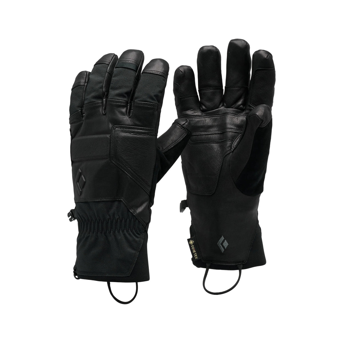 A pair of black leather winter gloves shown against a plain white background, with one glove displaying the back of the hand and the other showing the palm side.