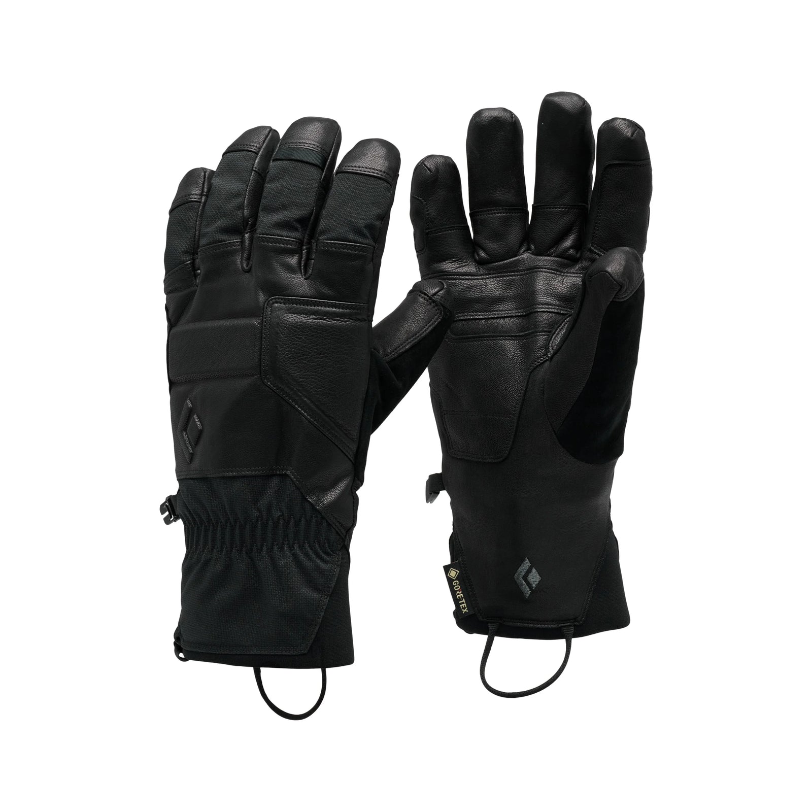A pair of black leather winter gloves shown against a plain white background, with one glove displaying the back of the hand and the other showing the palm side.