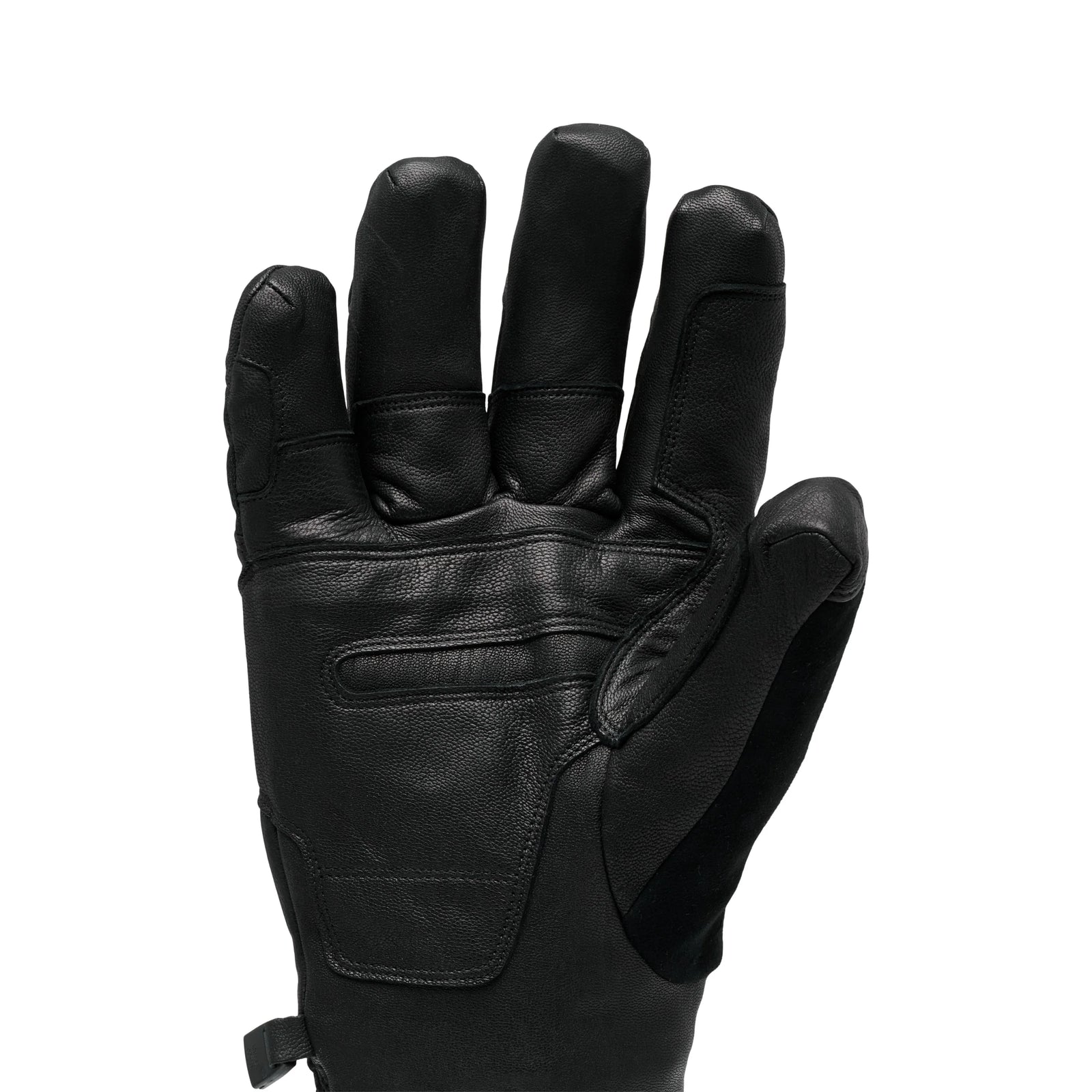 A pair of black leather winter gloves shown against a plain white background, with one glove displaying the back of the hand and the other showing the palm side.
