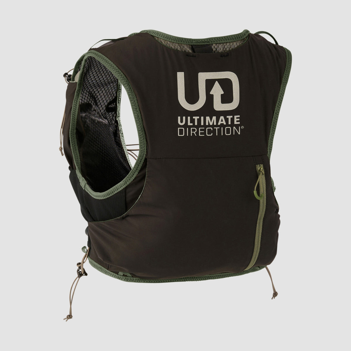 Black and green running vest with Ultimate Direction logo on a light gray background