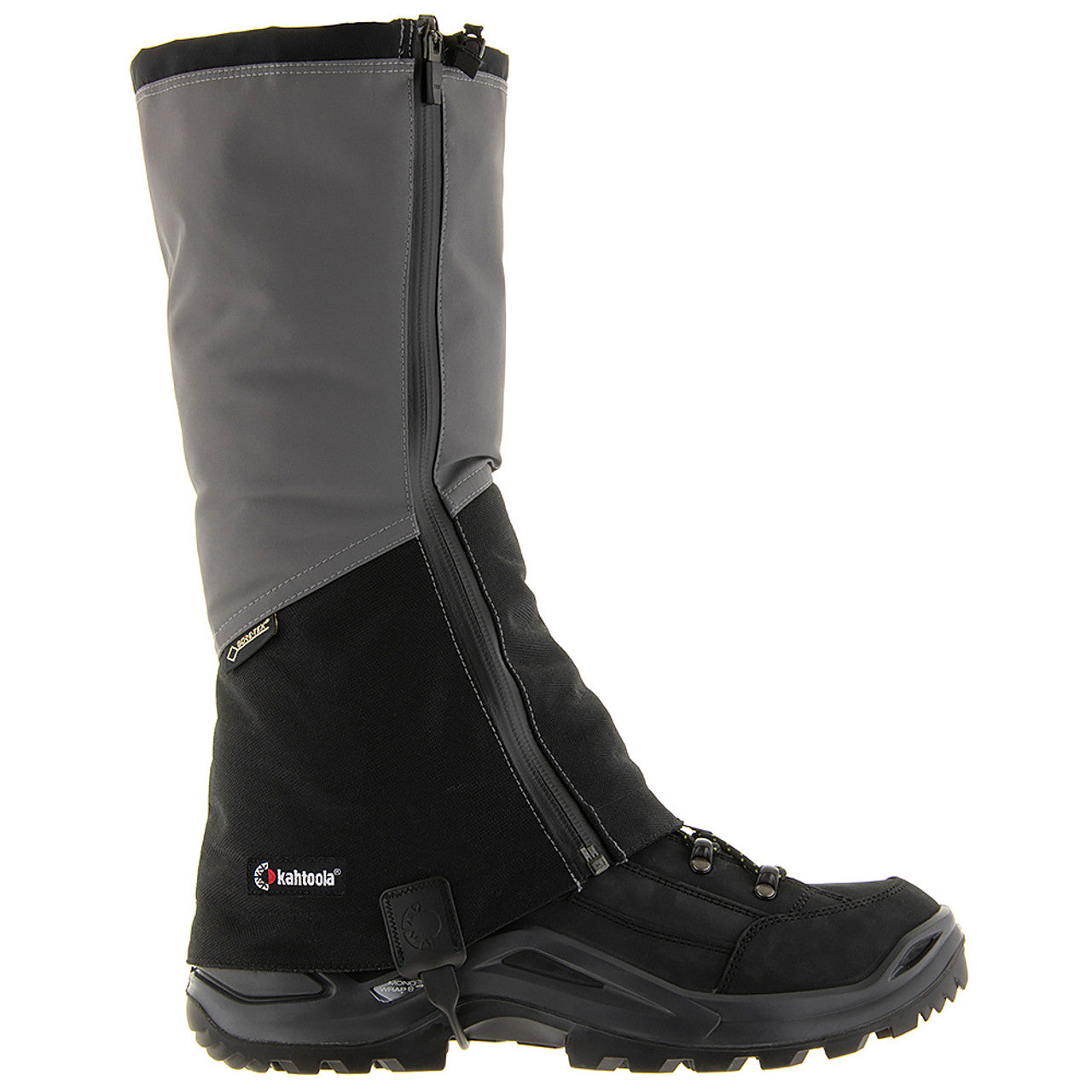Black and gray gaiter boot on a white background