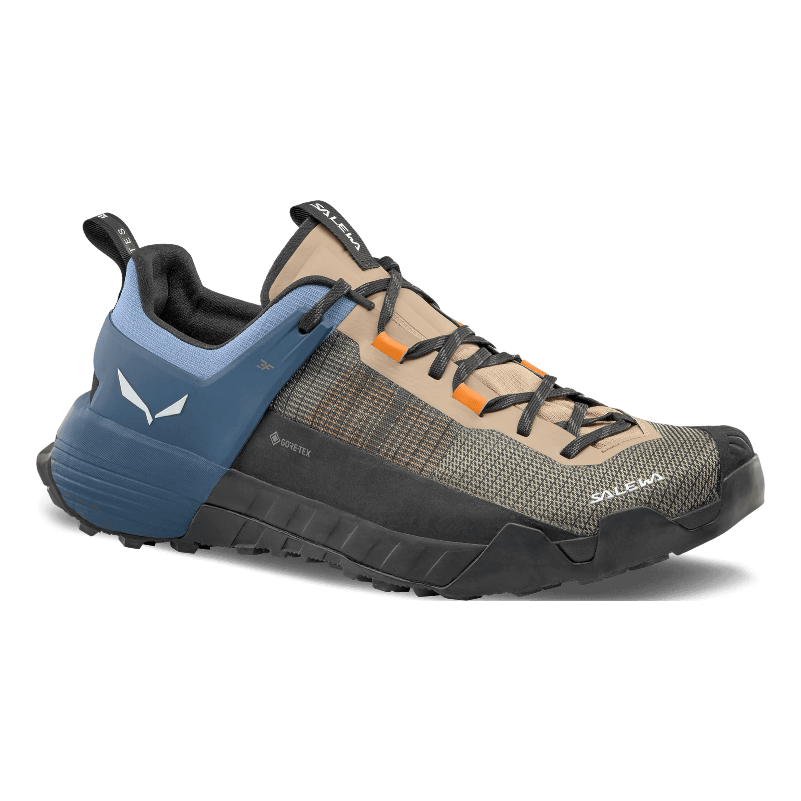 Hiking shoe with blue sole and beige upper on a transparent background