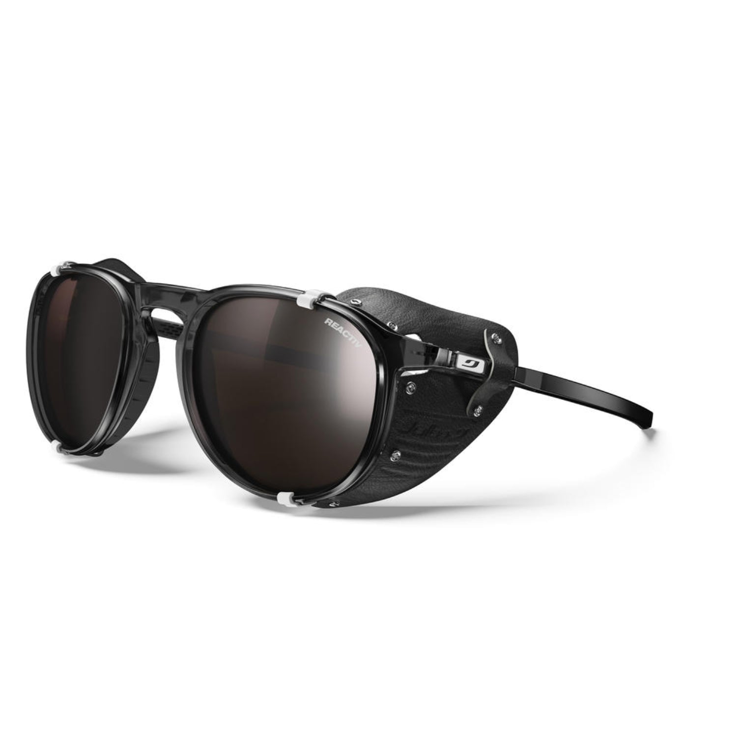 Black sunglasses with dark lenses on a white background