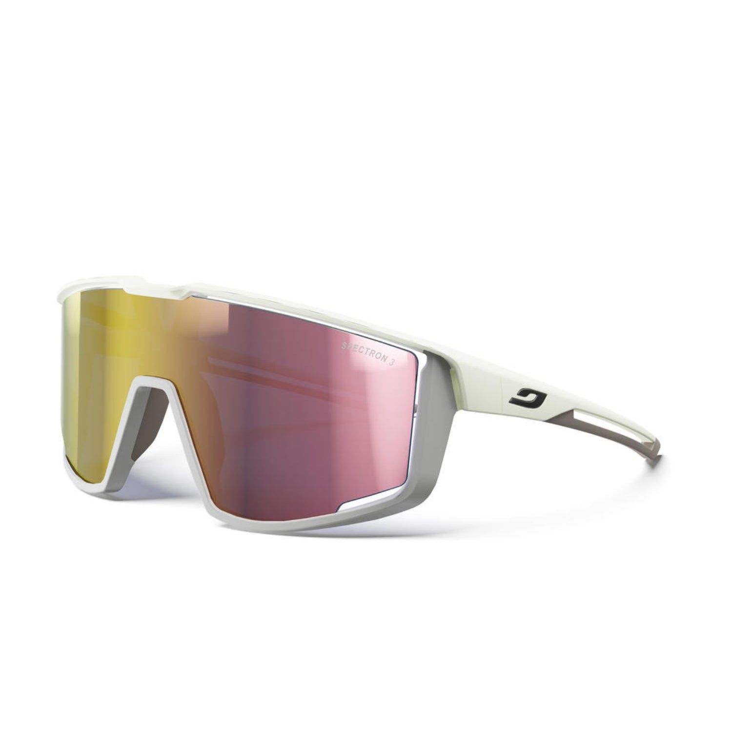 Sunglasses with pink reflective lenses on a white background