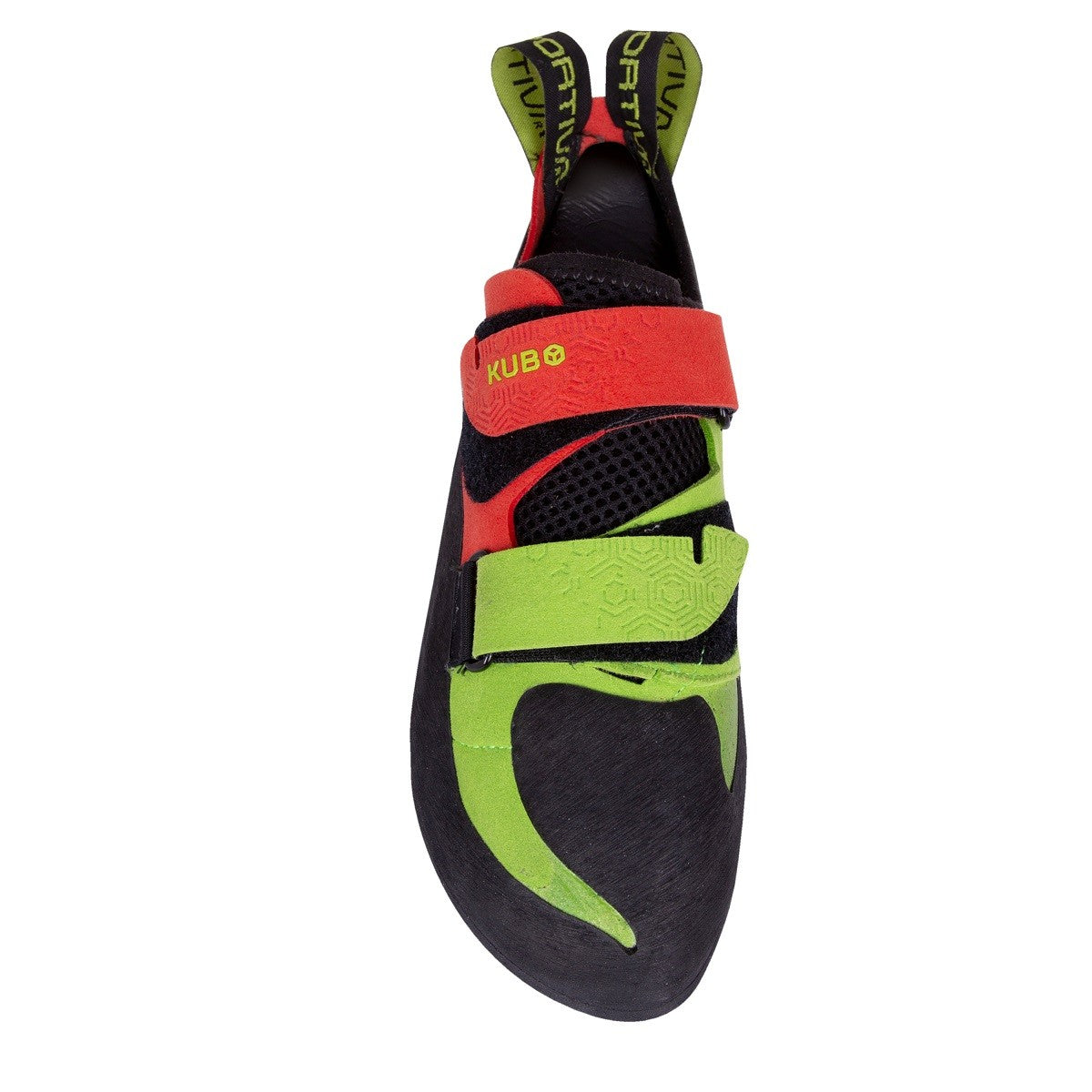 La Sportiva Kubo Neon/Goji above view of uppers