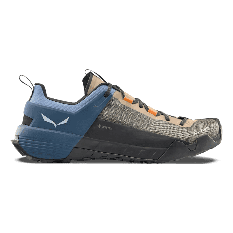 Pair of hiking shoes with blue and gray design on a transparent background