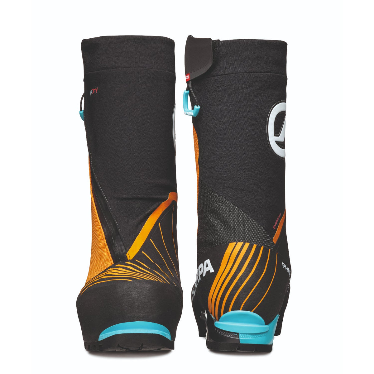 Scarpa Phantom 6000 HD mountaineering boot with Recco technology. Orange and black