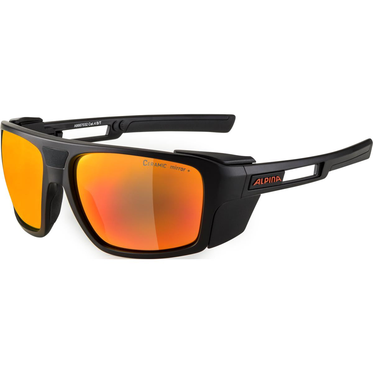 black sunglasses with orange lenses on a white background