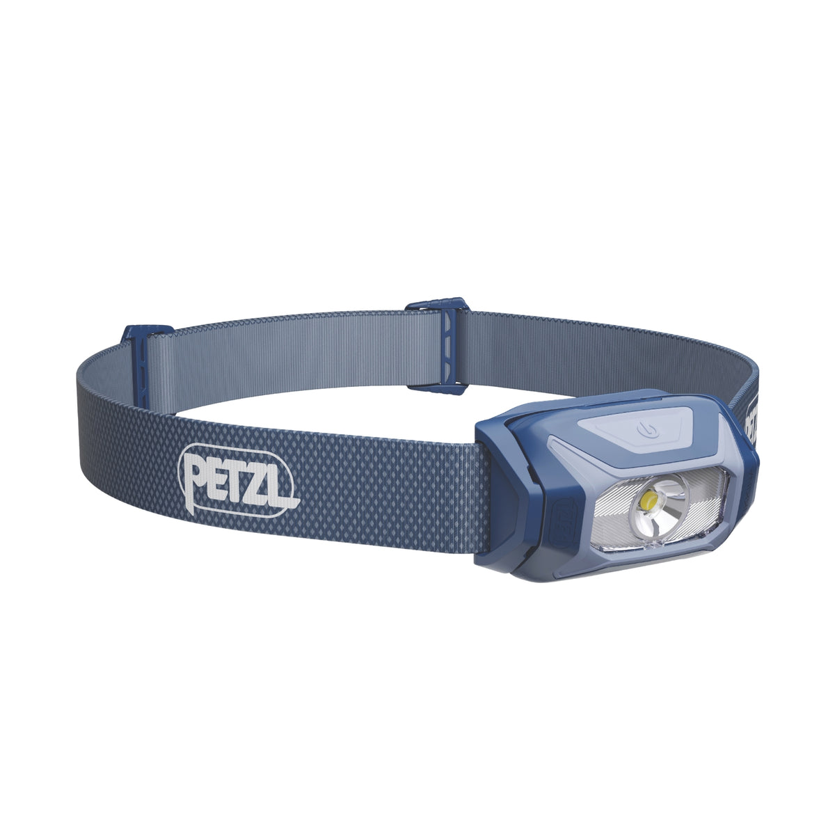 Blue headlamp with Petzl logo on a white background