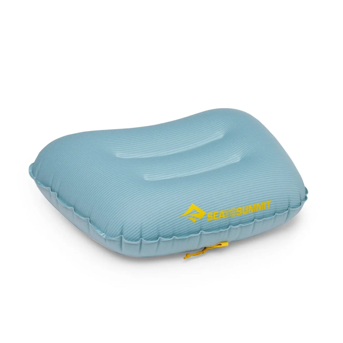 Blue inflatable pillow with a brand logo on a white background