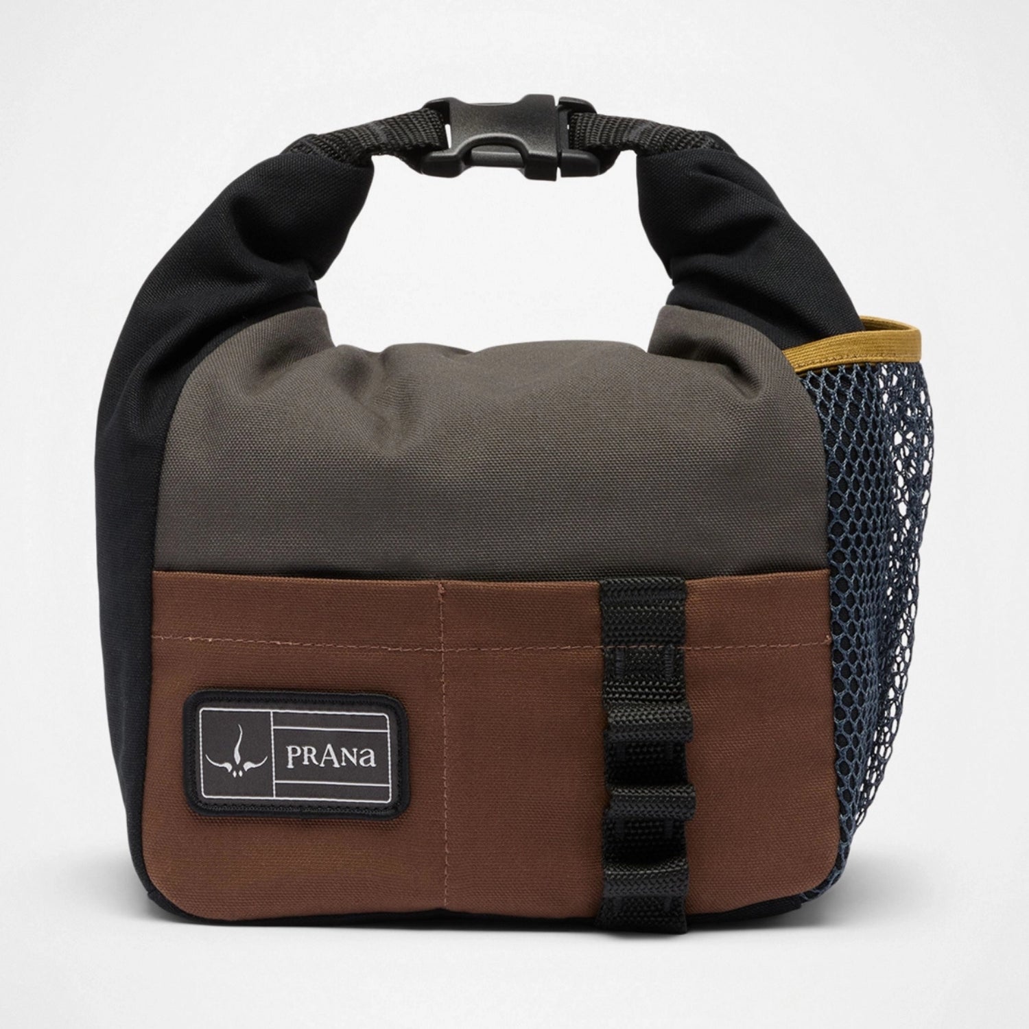 Multicolored bag with a Prana logo on a white background