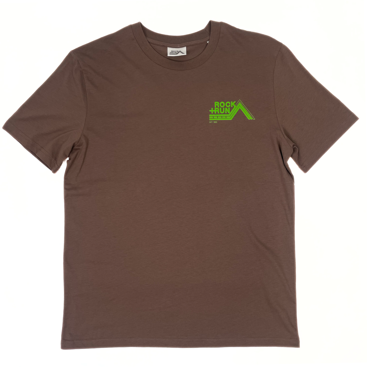 Brown t-shirt with green logo on a white background