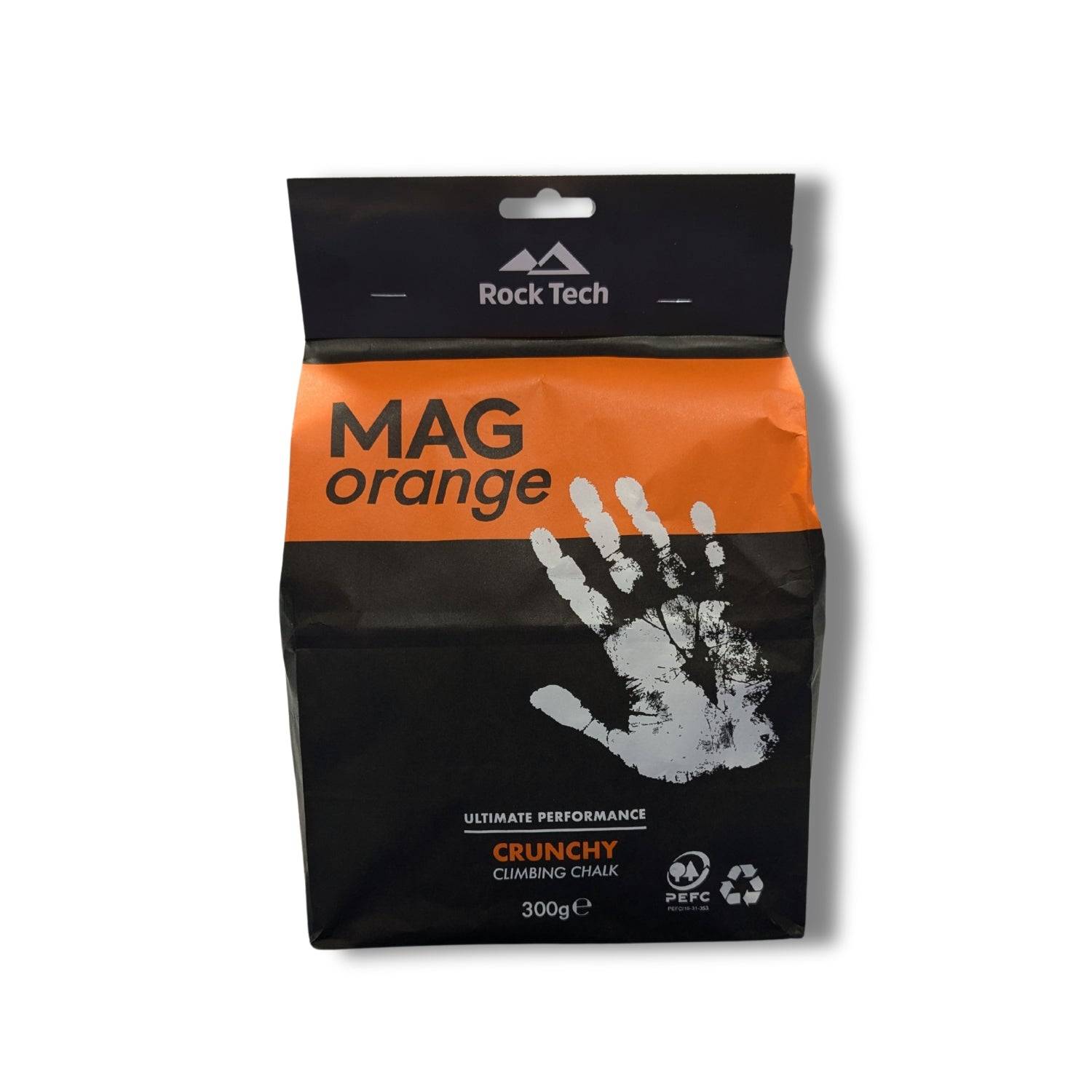 Two packages of Rock Tech MAG orange climbing chalk on a white background