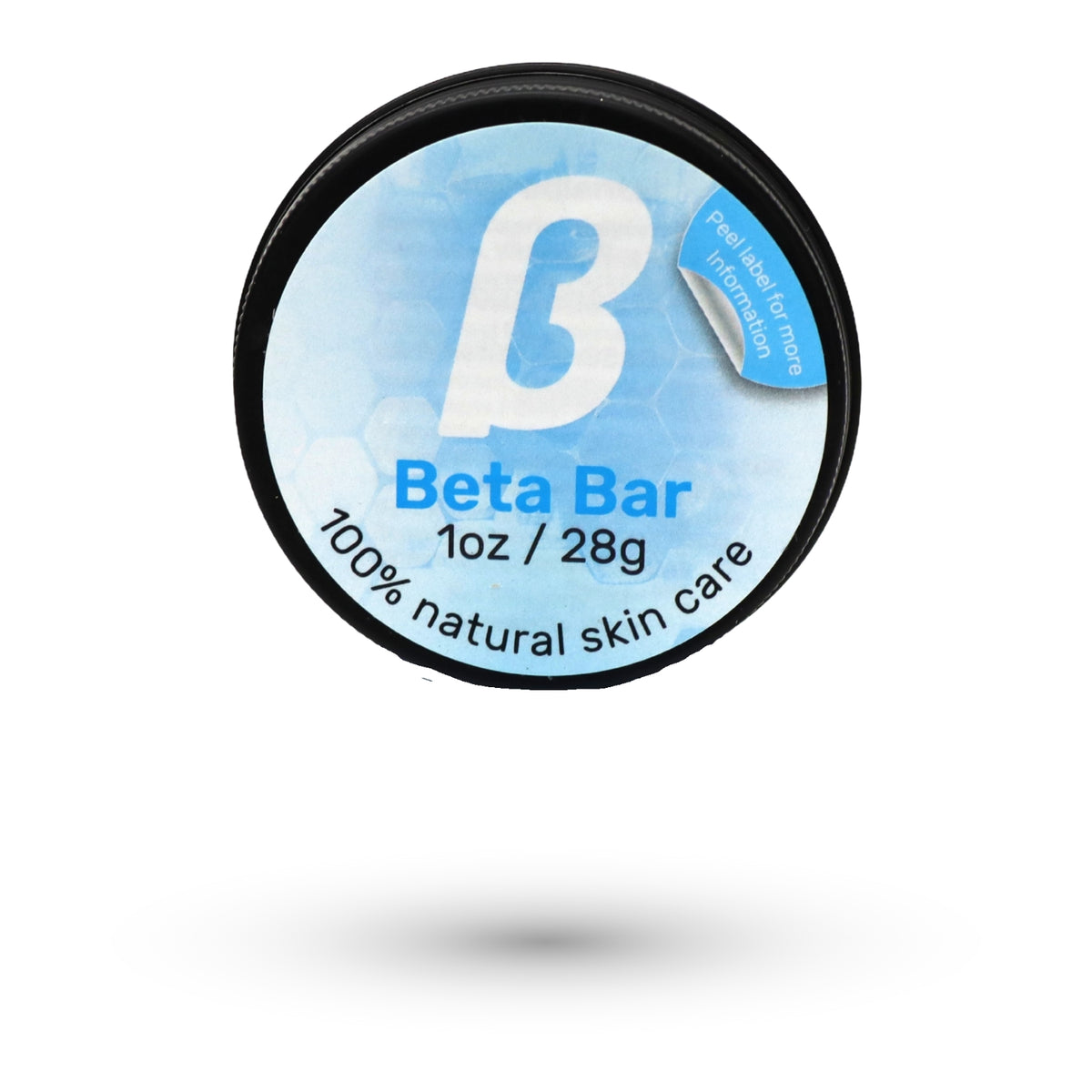 Beta Bar packaging with blue label and black rim on a white background