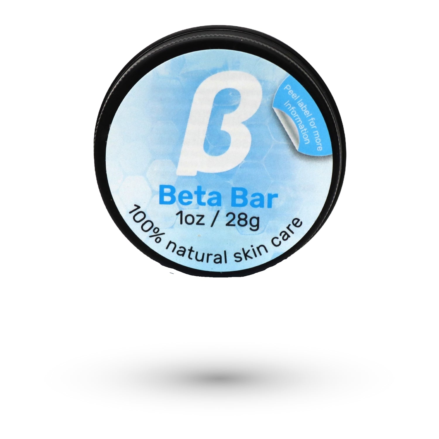 Beta Bar packaging with blue label and black rim on a white background