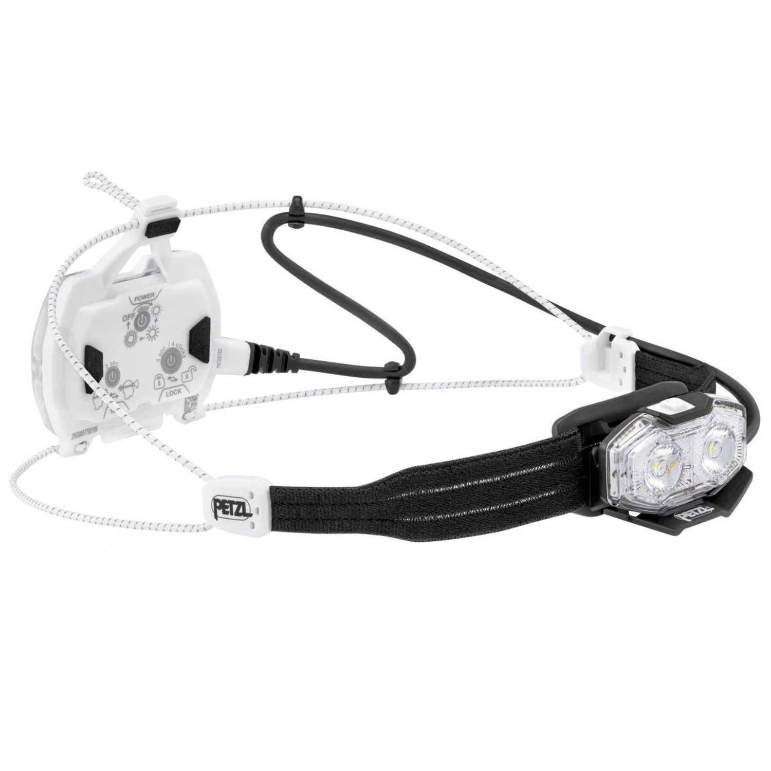 A Petzl headlamp with a black elastic strap, clear front lens, and white safety cords and buckle, shown against a plain white background.