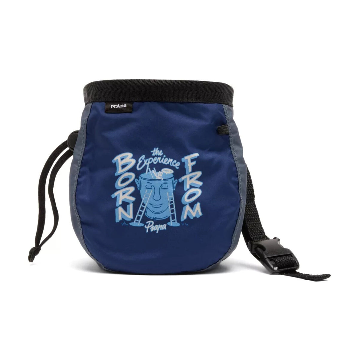 Blue chalk bag with branding on a white background