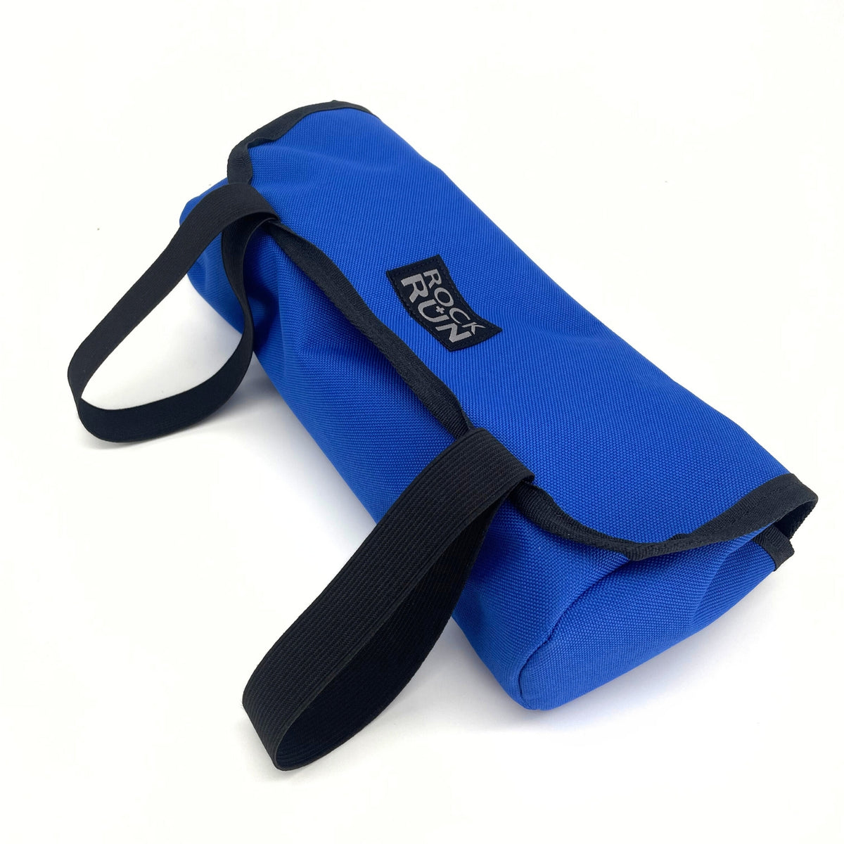 Blue roll-up bag with black strap and 'Rock Run' logo on a white background