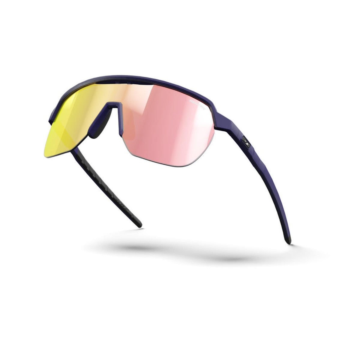 Sunglasses with reflective lenses on a white background