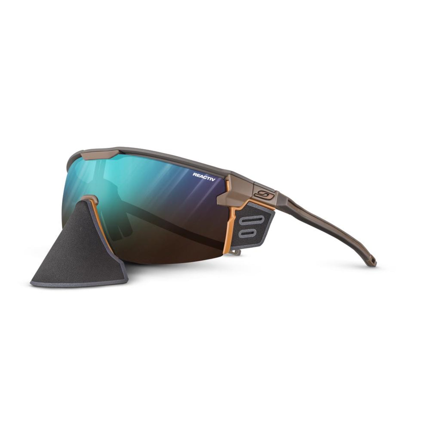 Sunglasses with reflective lenses on a white background