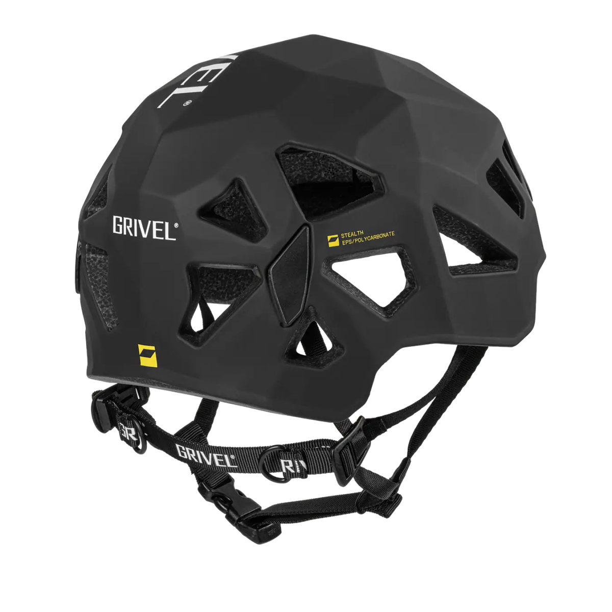 A matte black Grivel mountain biking helmet with multiple ventilation cutouts, black adjustable chin straps, and small yellow accents, shown on a solid white background.