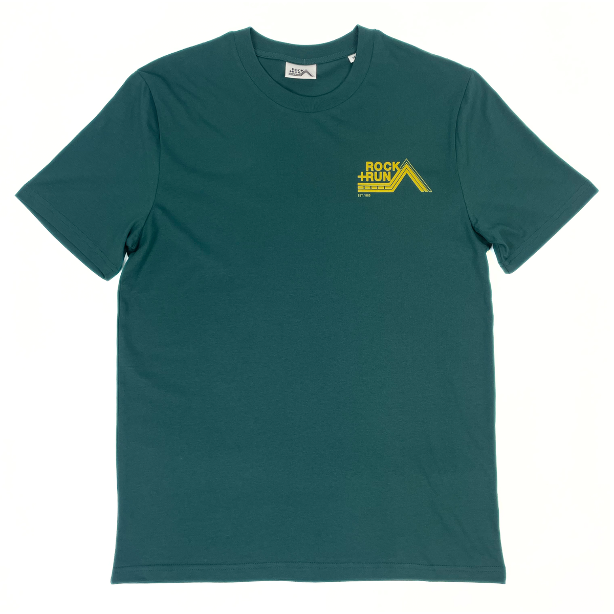 Green t-shirt with yellow logo on a white background