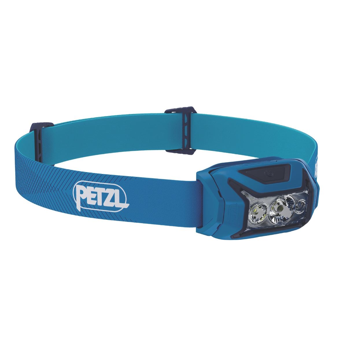 Blue headlamp with Petzl logo on a white background