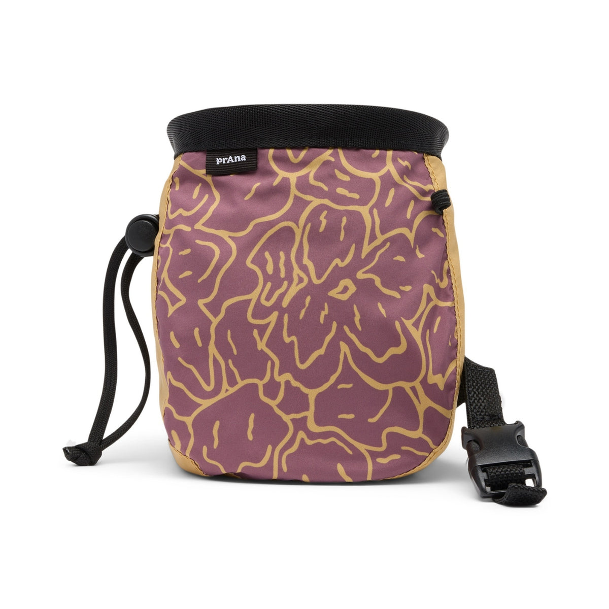 Purple and gold patterned chalk bag with Prana branding on a white background