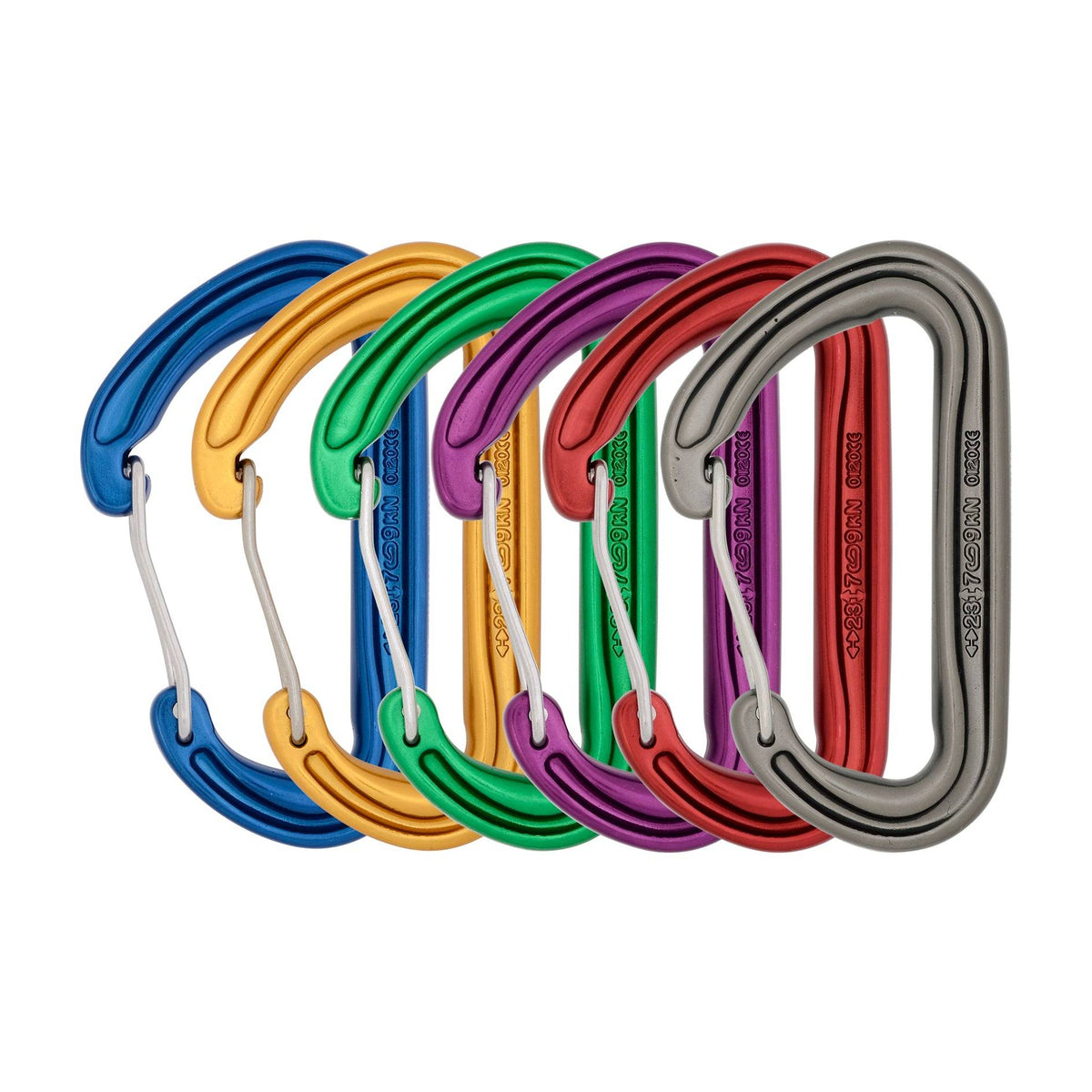 Set of colorful carabiners on a white background