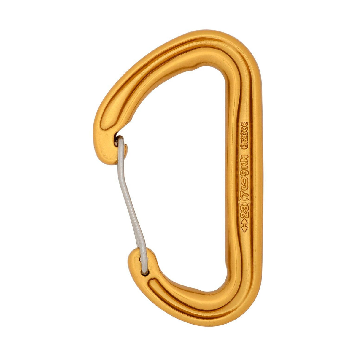 Gold carabiner on a white background