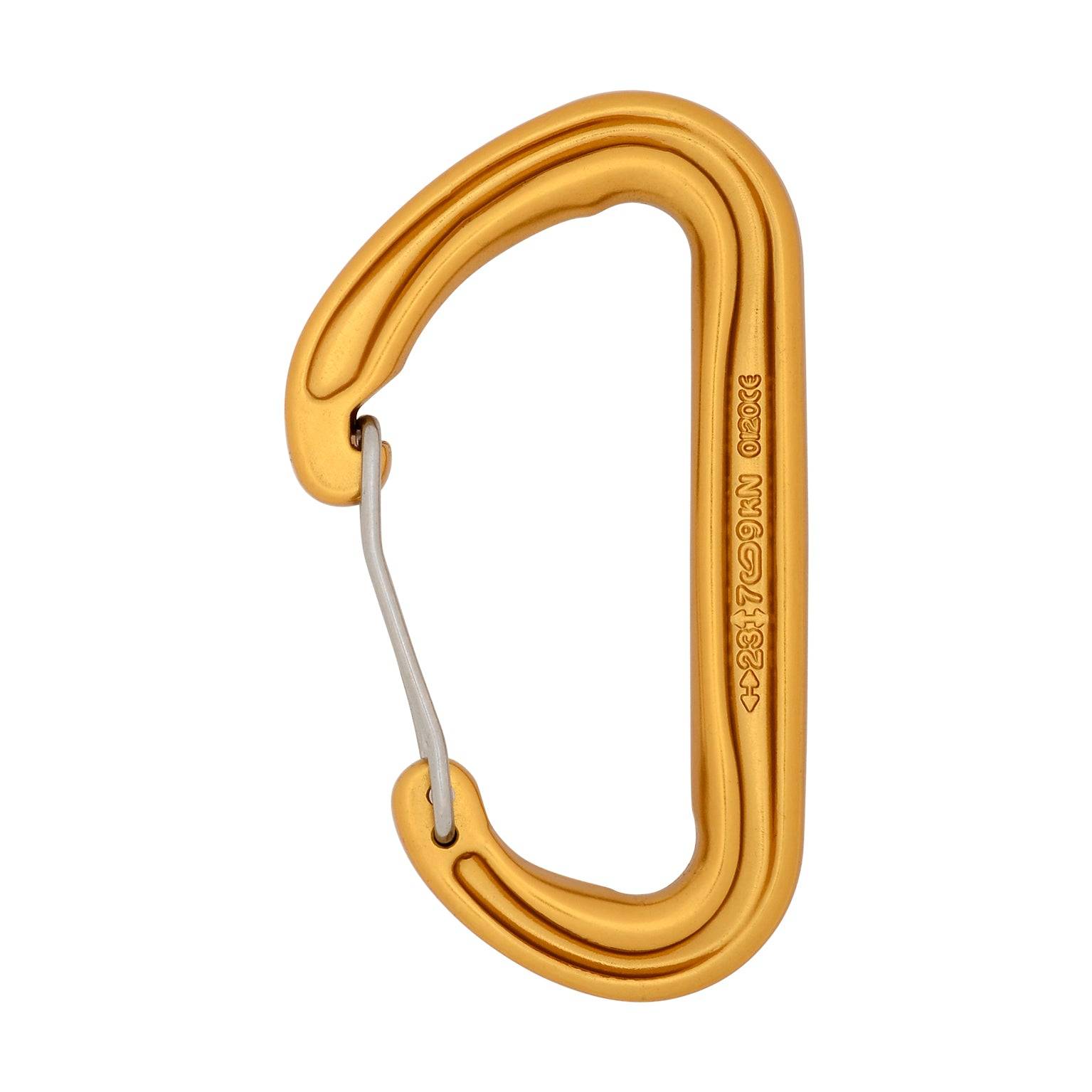 Green carabiner on a white background