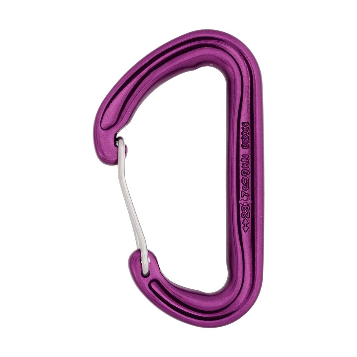 Purple carabiner on a white background