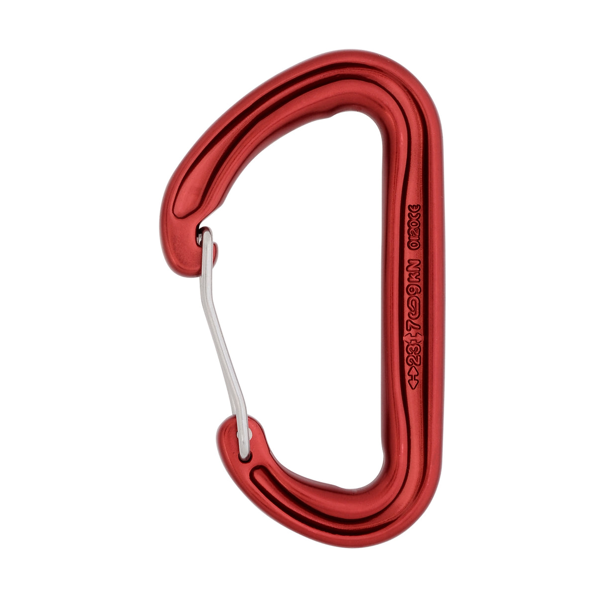 Red carabiner on a white background