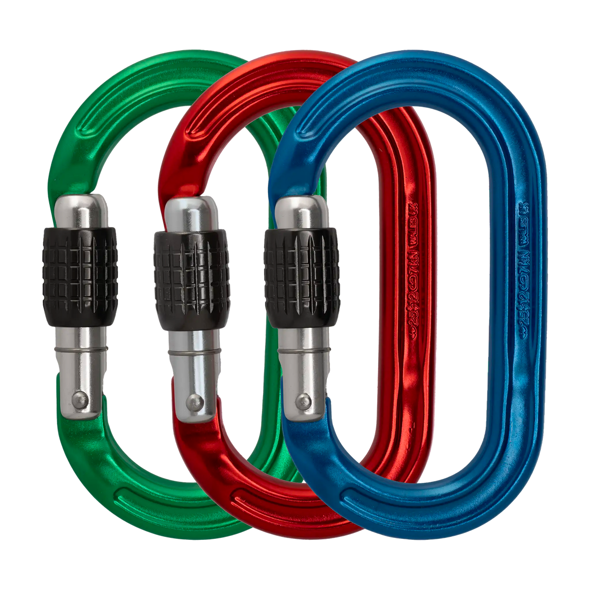 3 DMM Ultra O Carabiners in blue, red and green colours shown side by side but overlapping