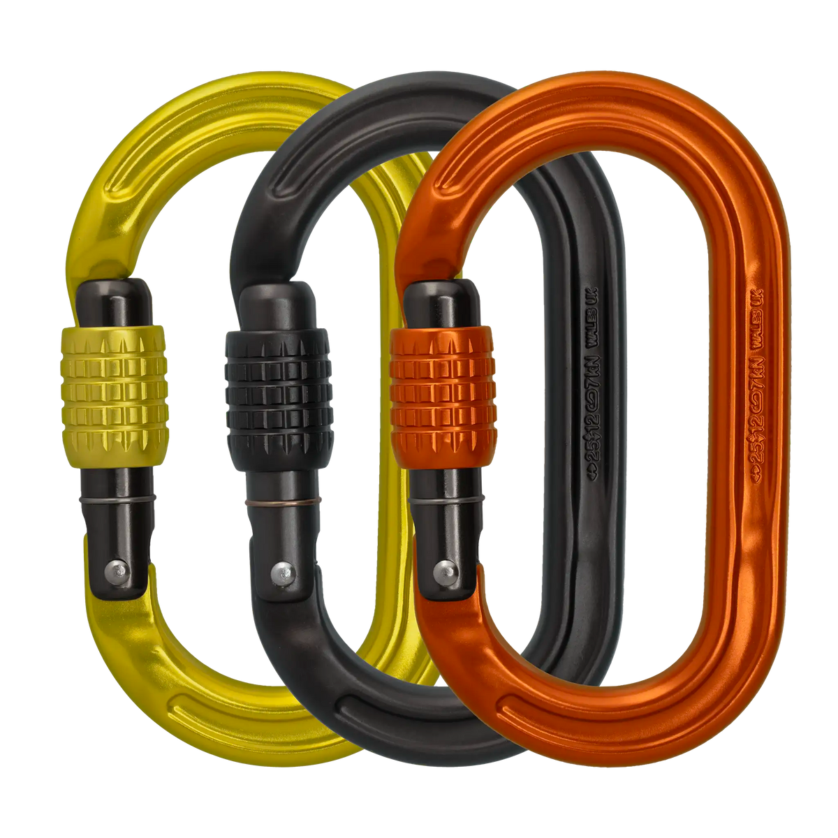3 DMM Ultra O Carabiners in yellow, grey and orange colours shown side by side but overlapping