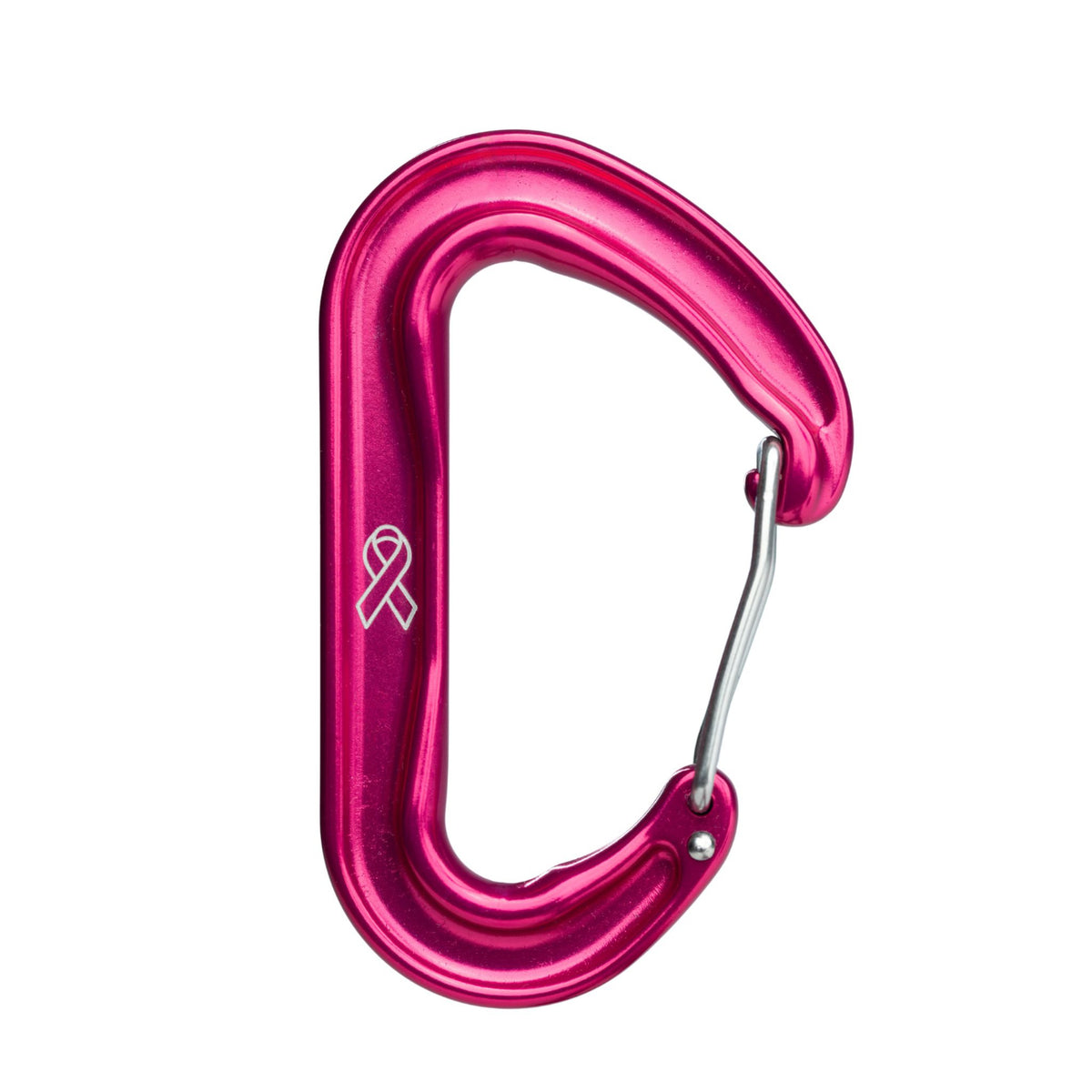A metallic pink carabiner with a white ribbon engraving on the side, isolated on a white background.