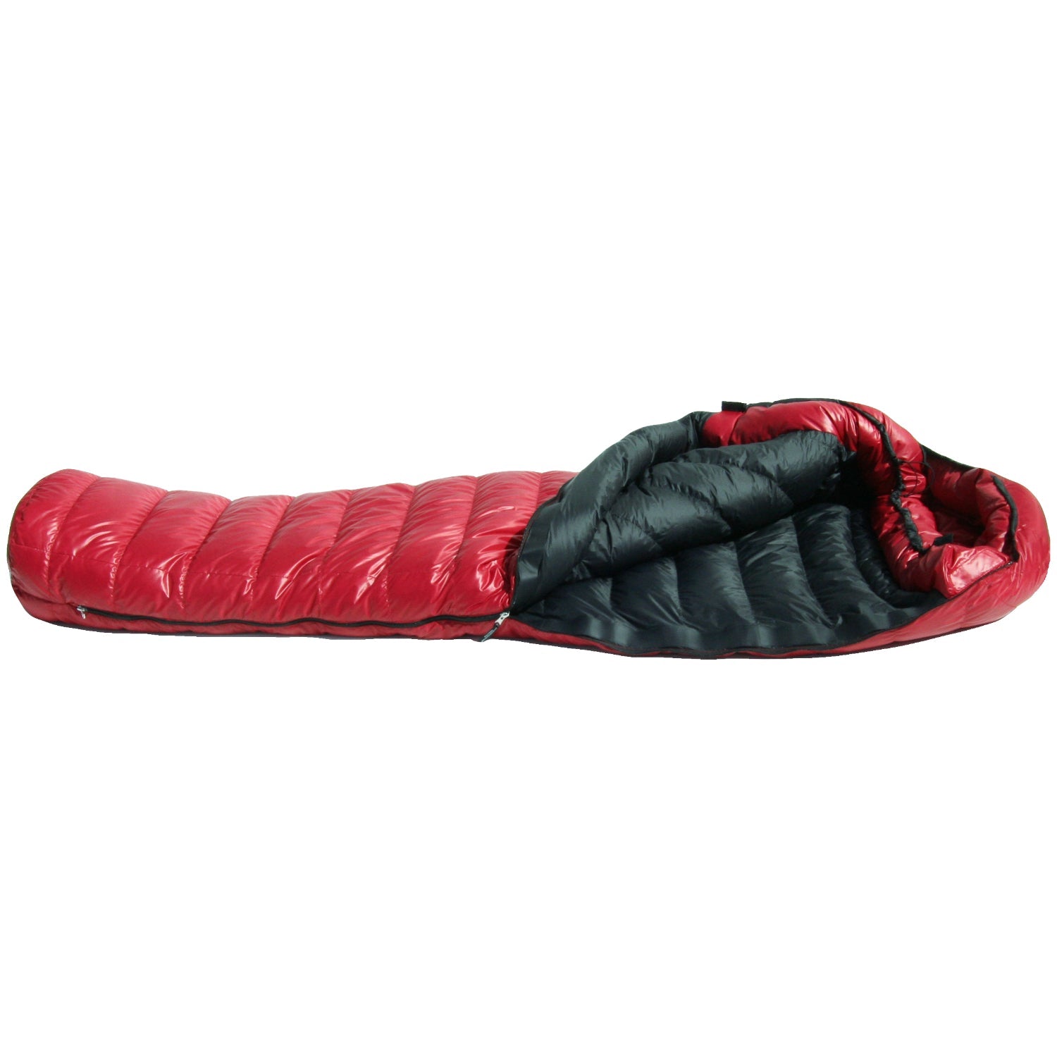 Western Mountaineering Apache MF down sleeping bag, shown partially open in red with a black lining