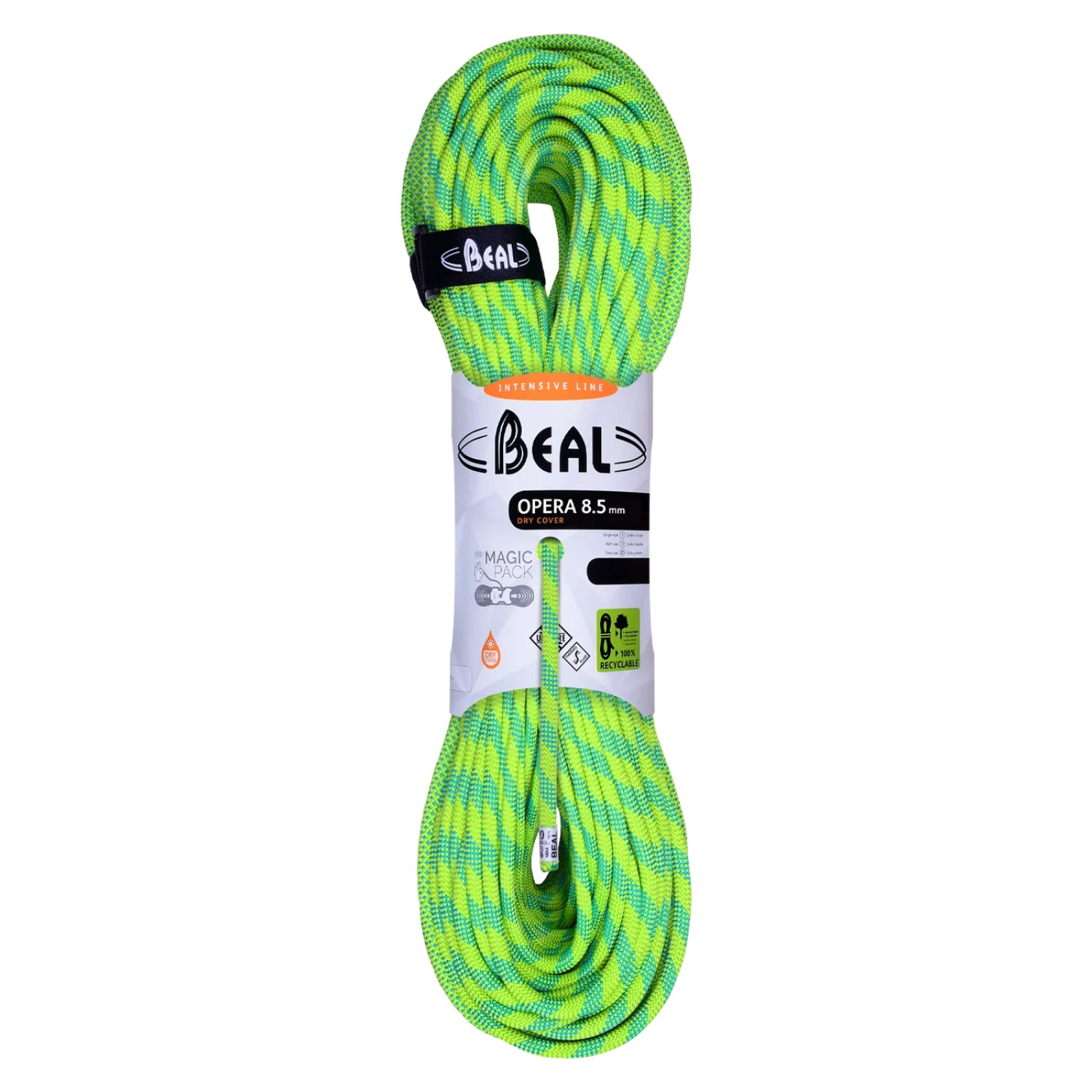 A coiled green and yellow climbing rope with a white paper label in the center, photographed on a plain white background. The rope has a visible 'Beal' brand tag near the top coil.