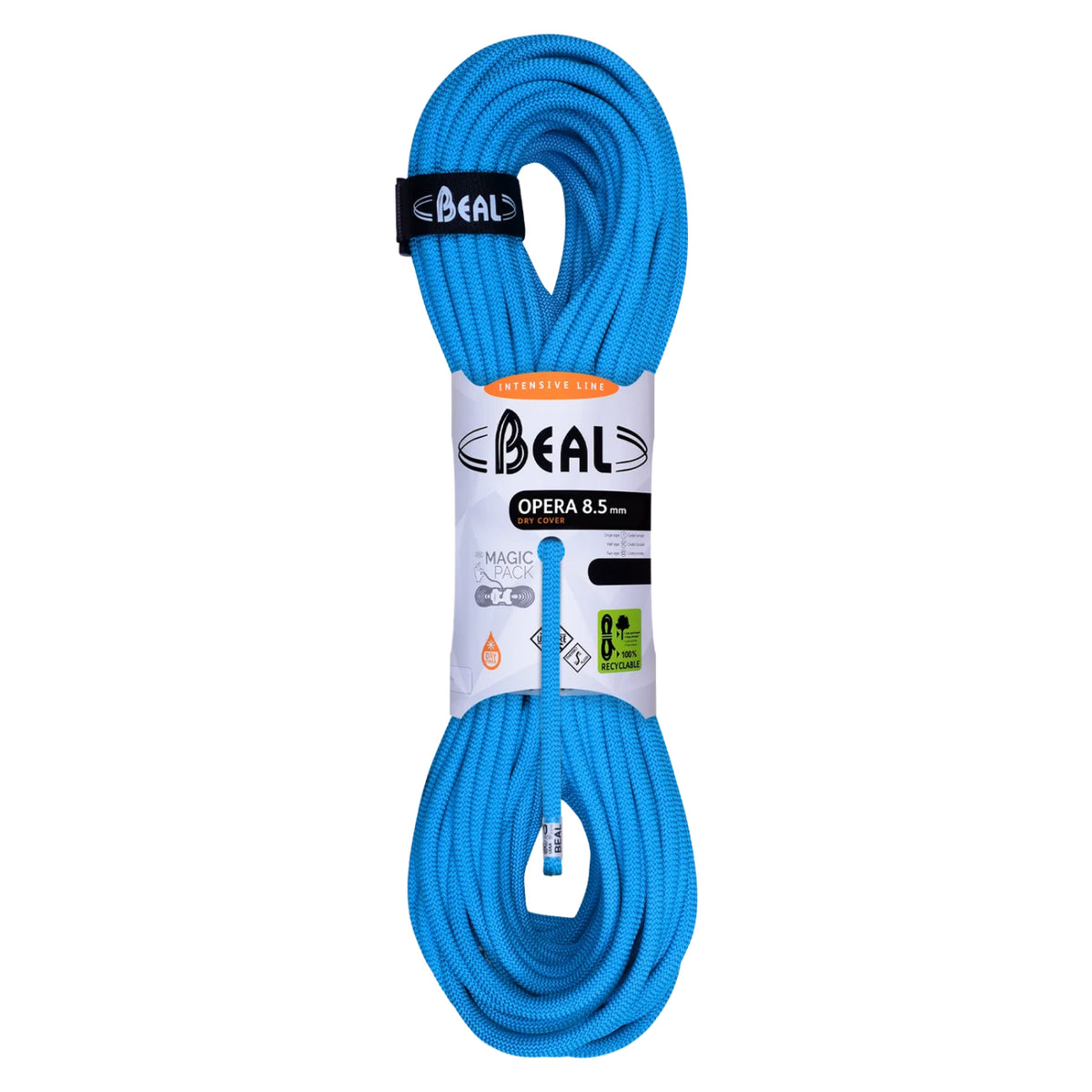Blue climbing rope with Beal packaging on a white background