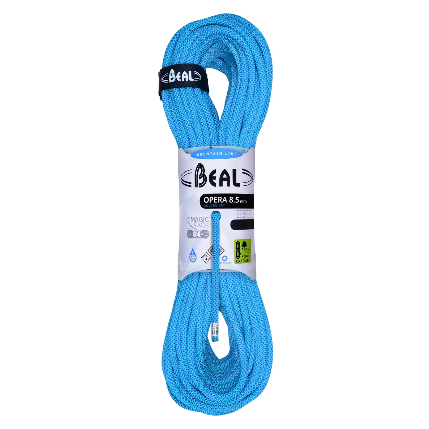 A coiled bright blue climbing rope wrapped with a white paper label and a black Beal loop, shown on a plain white background.