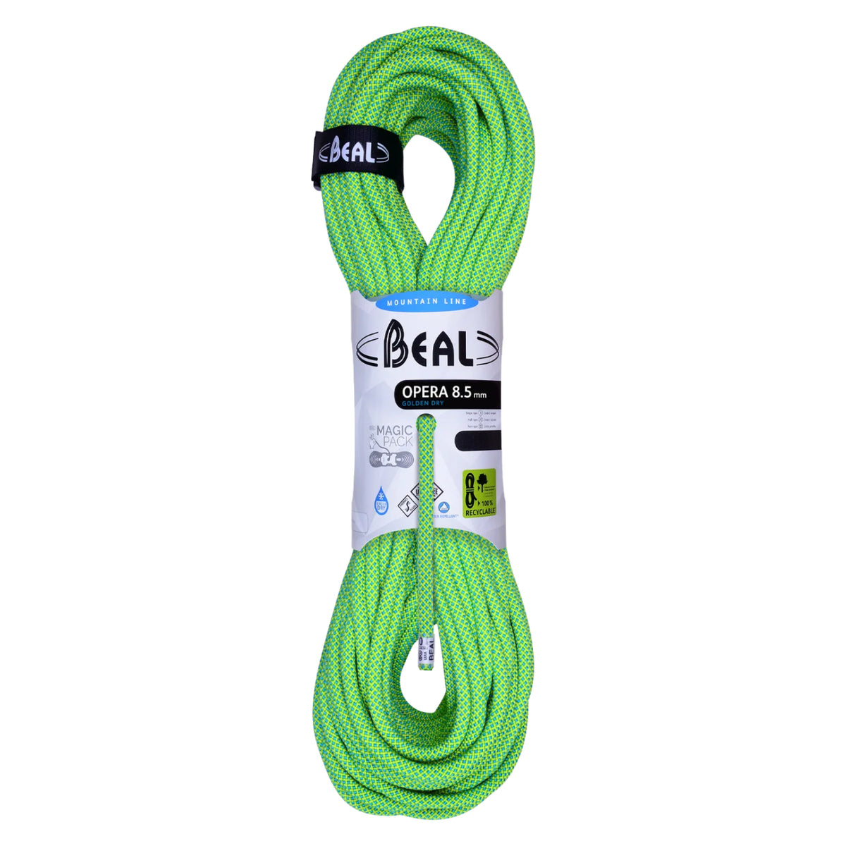 A coiled bright green climbing rope with a white and black Beal brand paper wrap and a black loop tag, shown against a plain white background.