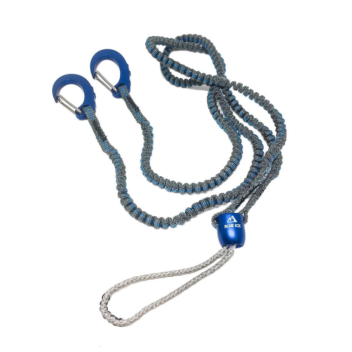 Blue and gray dog leash with carabiners on a white background