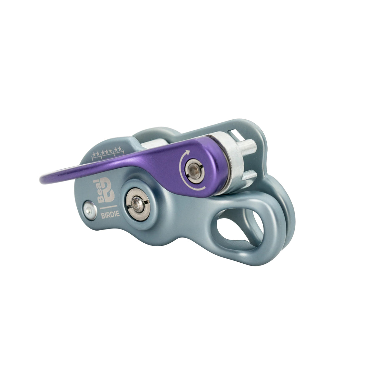 Beal Birdie belay device in blue with a purple handle