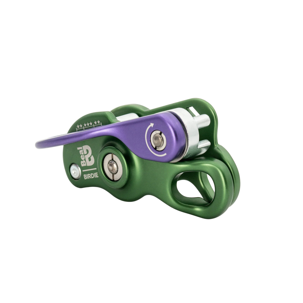 Beal Birdie belay device in green with a purple handle