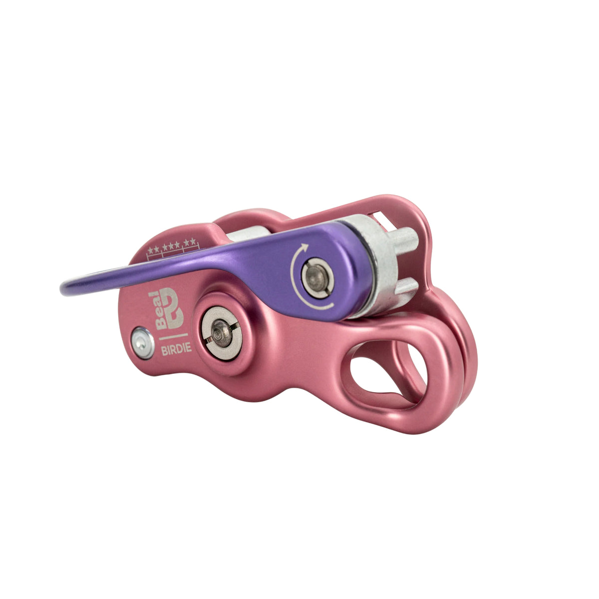 Beal Birdie belay device in pink with a purple handle