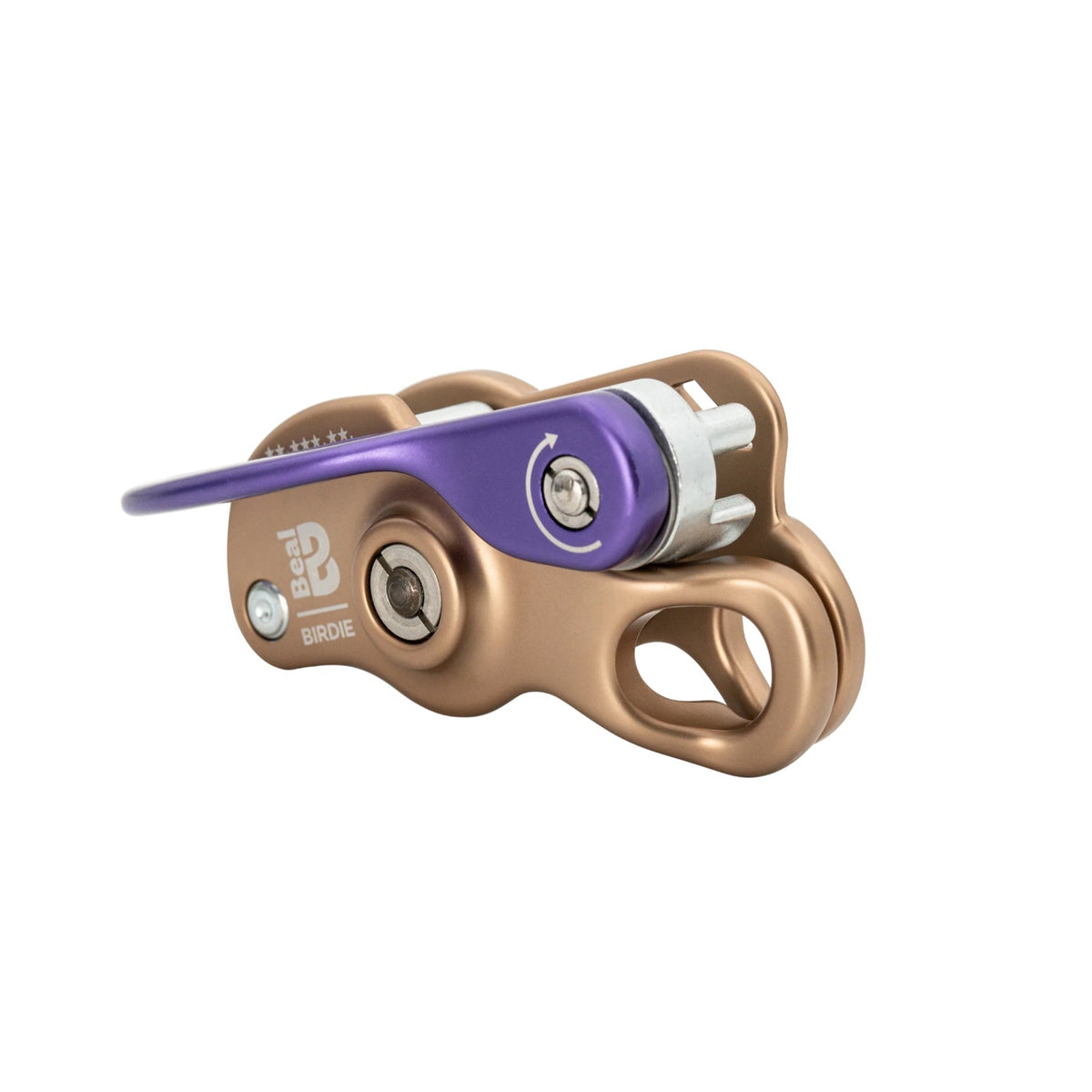 Beal Birdie belay device in stone with a purple handle