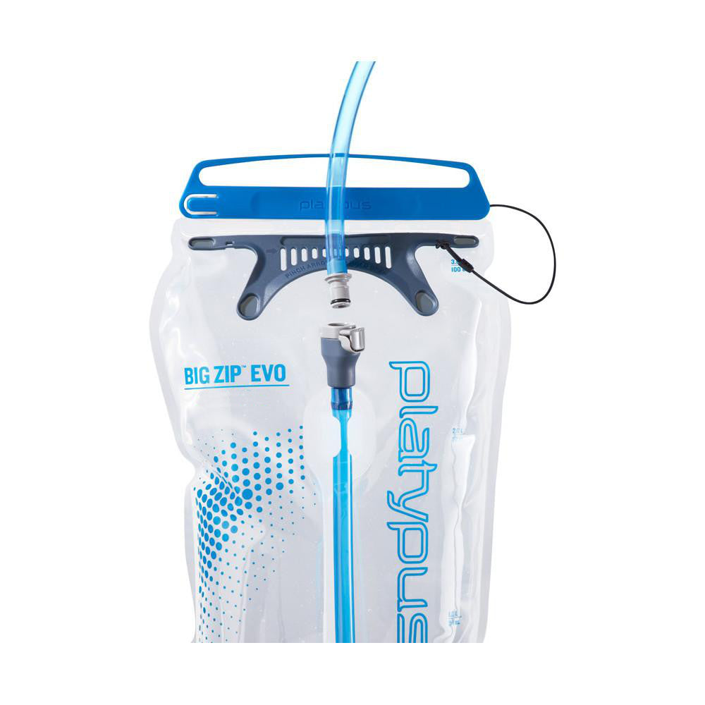 Platypus Big Zip EVO 2L water bladder, front view showing clear bottle with blue logo